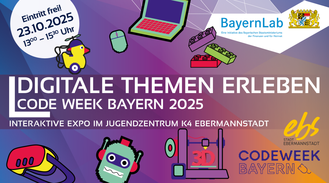 Veranstaltungsgraphik zur Code Week Bayern 2025 - BayernLab Forchheim on Tour. Bunter Hintergrund mit verschiedenen bunten Aufklebern im Codeweek Design, sehr einfach und bunt. Zu sehen ist ein Laptop mit Maus, eine Roboter Ente, ein Hüpfer-Roboter, Lego Steine, ein 3D-Drucker, eine VR-Brille und ein Roboterkopf. In einem Kreis steht der Text 