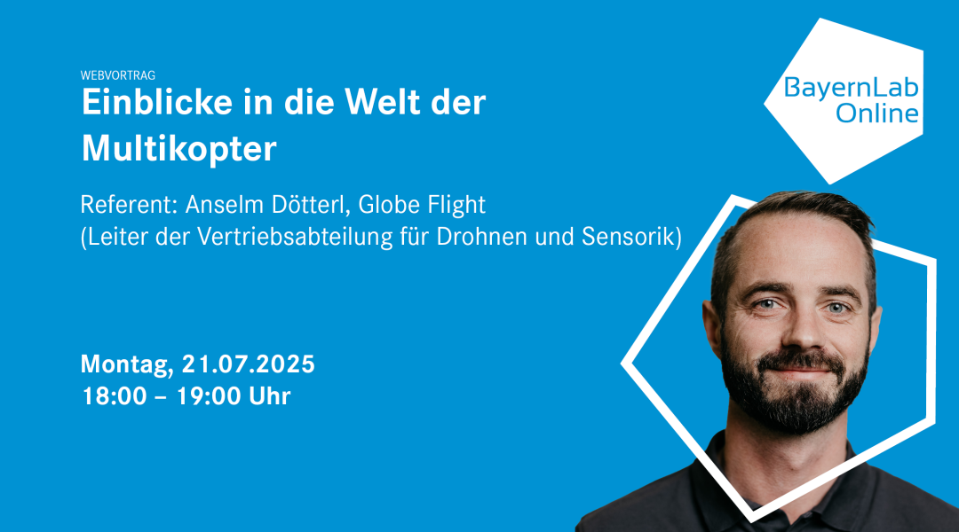 Blaue Grafik mit Informationen in weißer Schrift zum Webvortrag, die Informationen sind auch im Fließtext. Rechts oben in blauer Schrift 